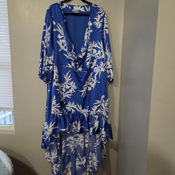 Alexis X Target Women's Plus Size Blue Floral Ruffled Hi-Low Satin Dress. 3X - Picture 5 of 11